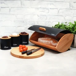 Chlebak bambusowy i 3 pojemniki stalowe Konighoffer Cosmic czarny komplet