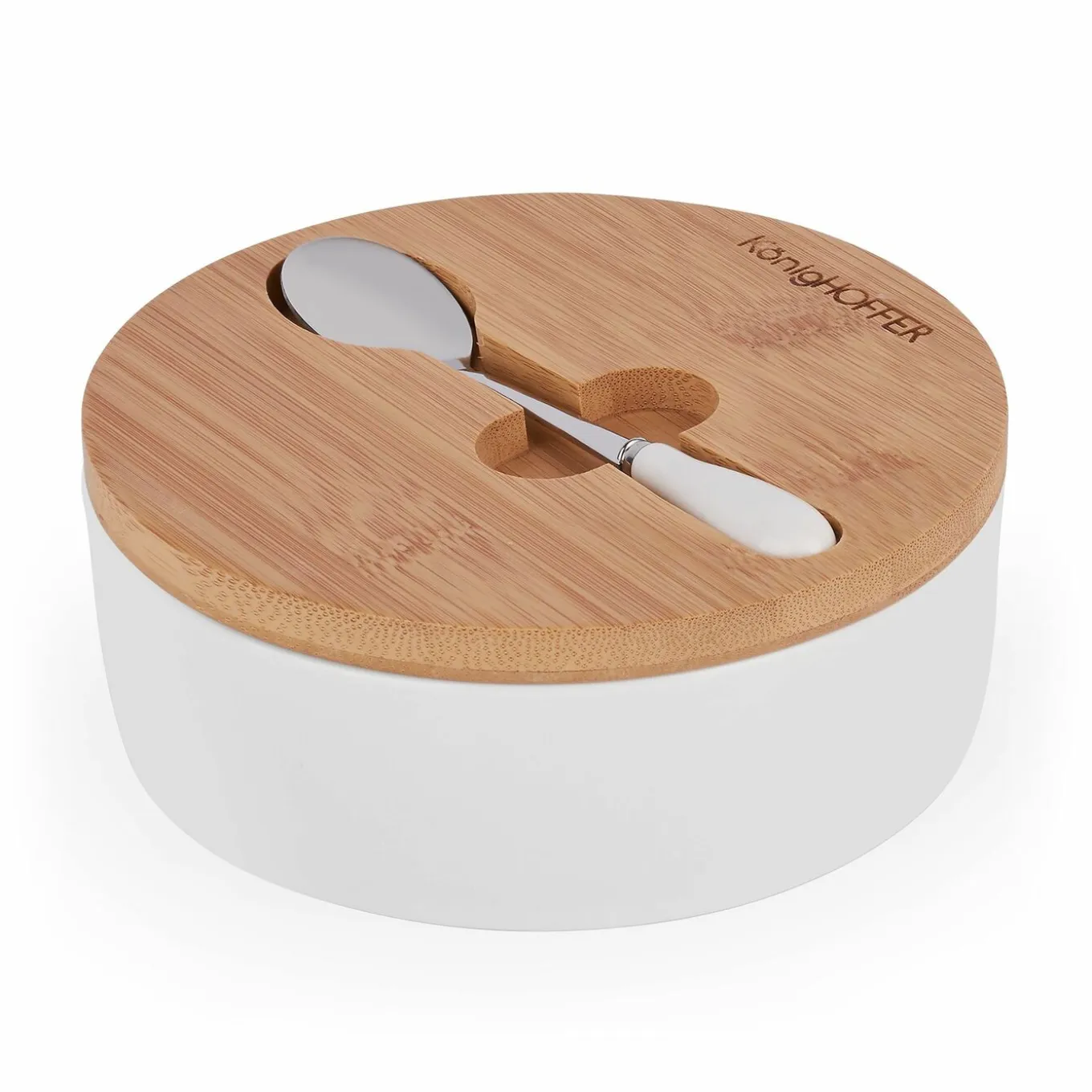 Cukiernica porcelanowa z bambusową pokrywką i łyżeczką Konighoffer 14,5 x 5 cm biała