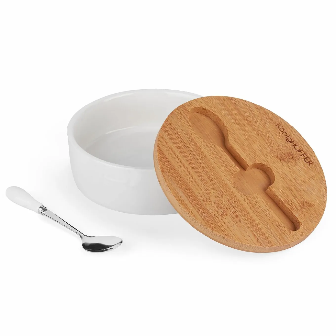 Cukiernica porcelanowa z bambusową pokrywką i łyżeczką Konighoffer 14,5 x 5 cm biała