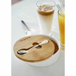 Cukiernica porcelanowa z bambusową pokrywką i łyżeczką Konighoffer 14,5 x 5 cm biała