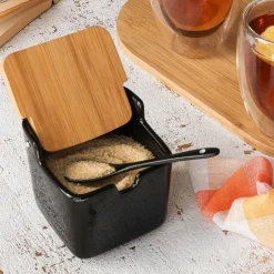 Cukiernica z łyżeczką i bambusową pokrywką porcelanowa NBC Konighoffer Ceramic 270 ml czarna