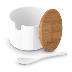 Cukiernica z łyżeczką i bambusową pokrywką porcelanowa NBC Konighoffer 350 ml biała