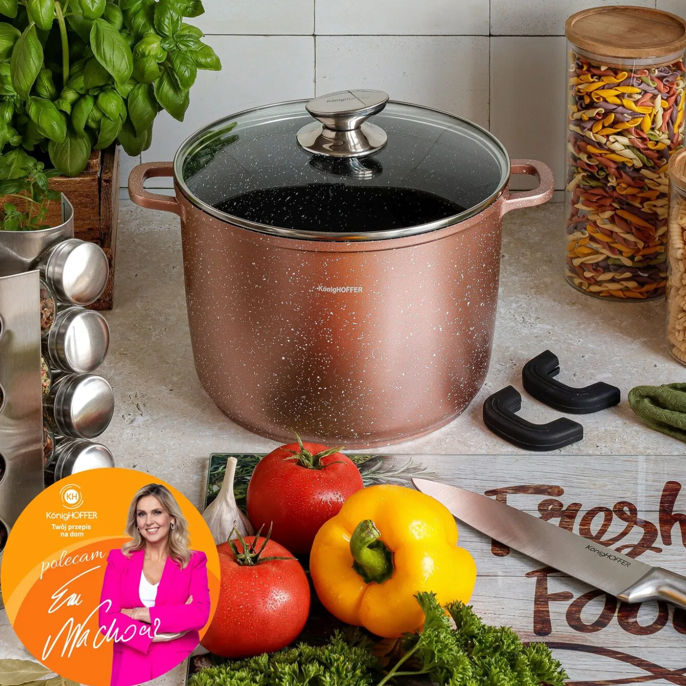 Garnek na indukcję wysoki Konighoffer Pollo Rose Gold 10 l i 2 nakładki