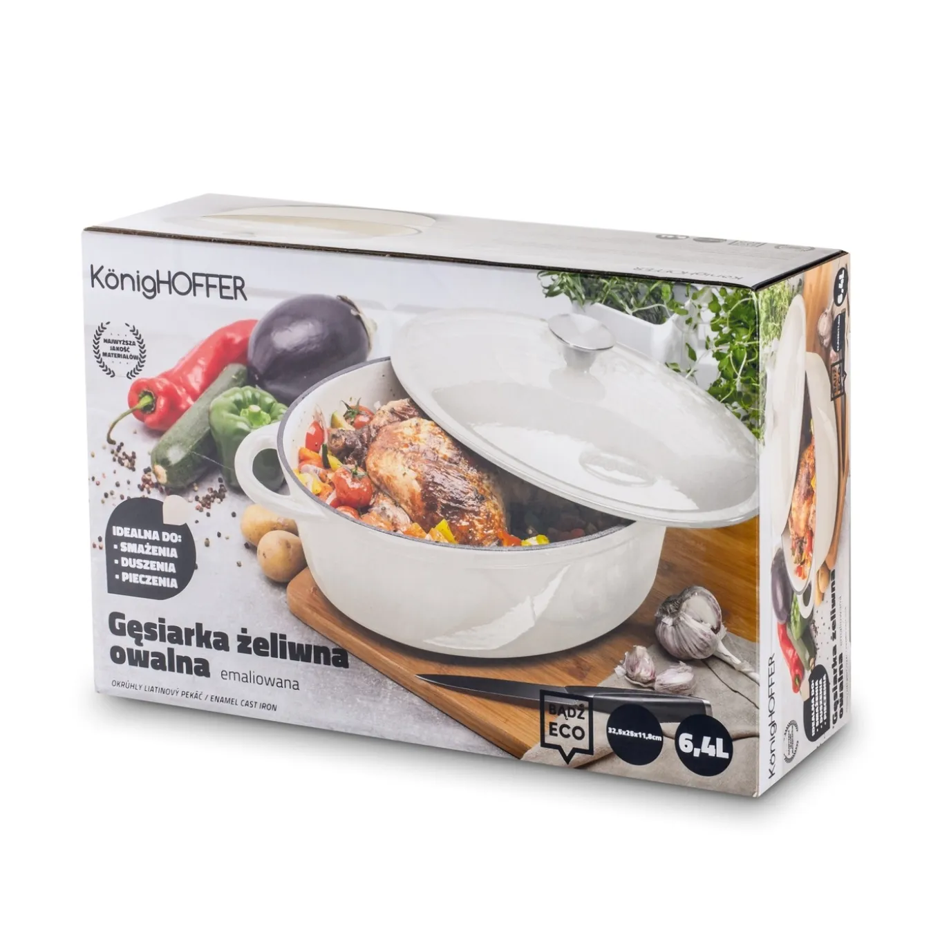 Gęsiarka żeliwna emaliowana Konighoffer 6,4 l 32,5 x 25 x 11,8 cm owalna kremowa