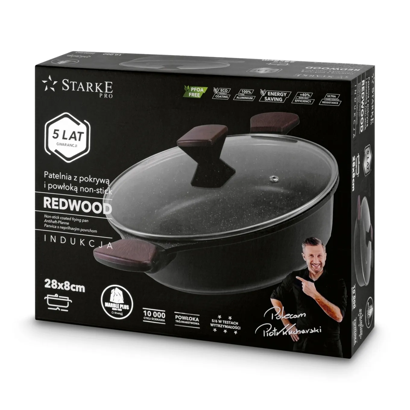 Patelnia marmurowa na indukcję z pokrywką krótkie uchwyty Starke Pro Redwood 28 cm