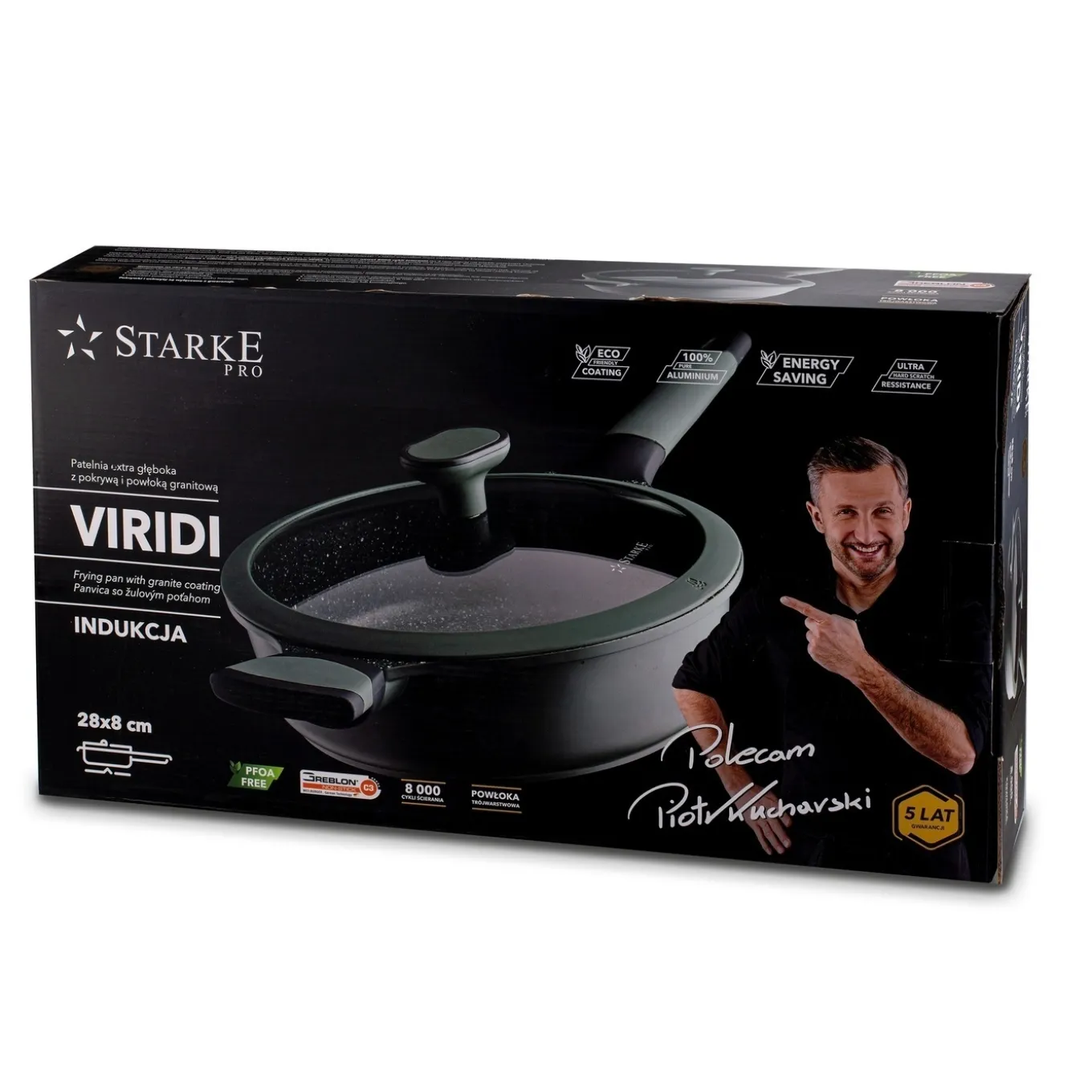 Patelnia na indukcję marmurowa z pokrywką Starke Pro Viridi 28 cm głęboka
