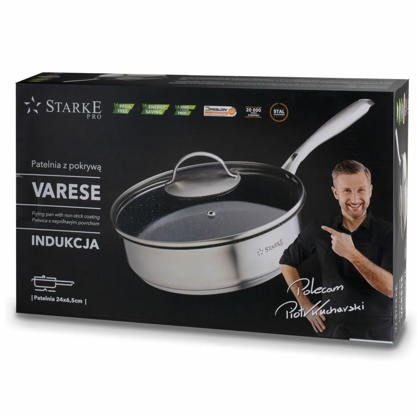 Patelnia na indukcję nierdzewna z pokrywką Starke Pro Varese 24 cm