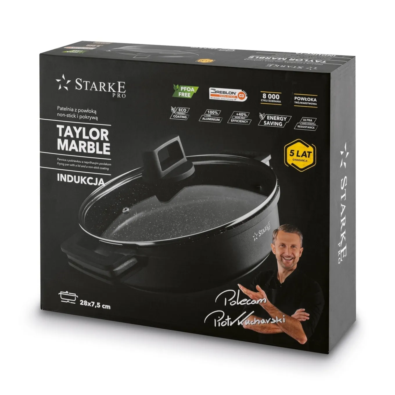 Patelnia na indukcję z pokrywką Starke Pro Taylor Marble 28 x 7,5 cm krótkie uchwyty