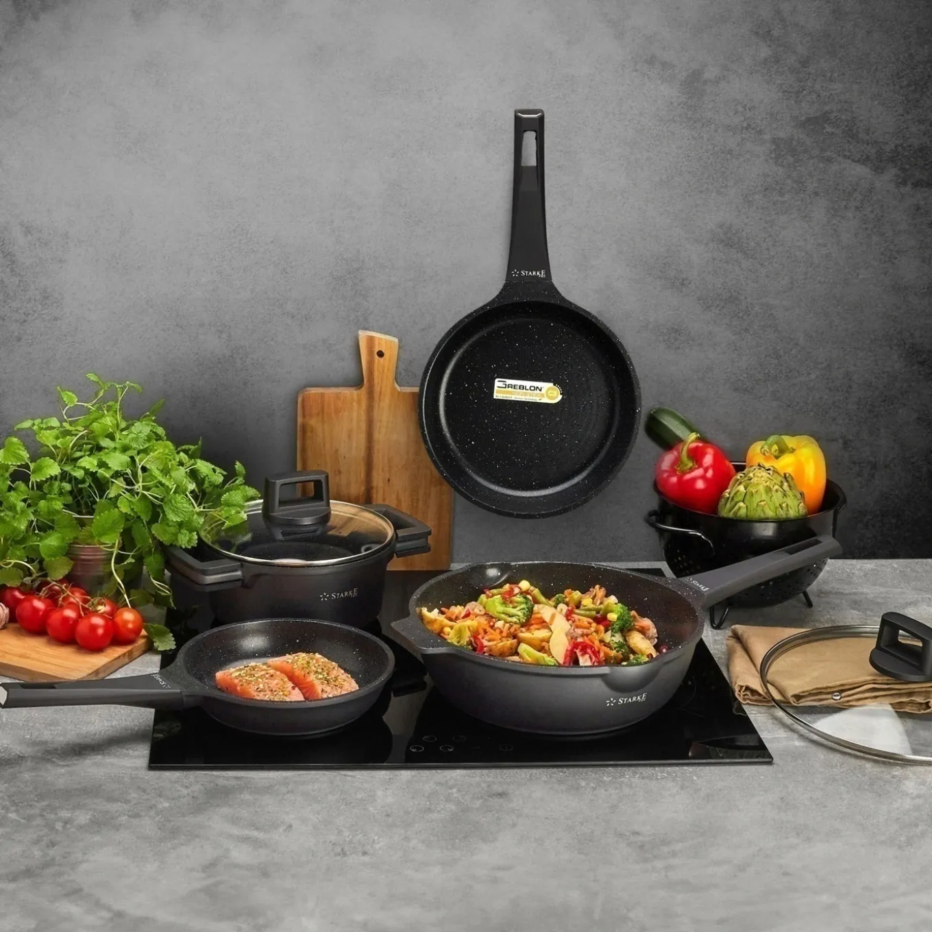 Patelnia na indukcję z pokrywką Starke Pro Taylor Marble 28 cm głęboka