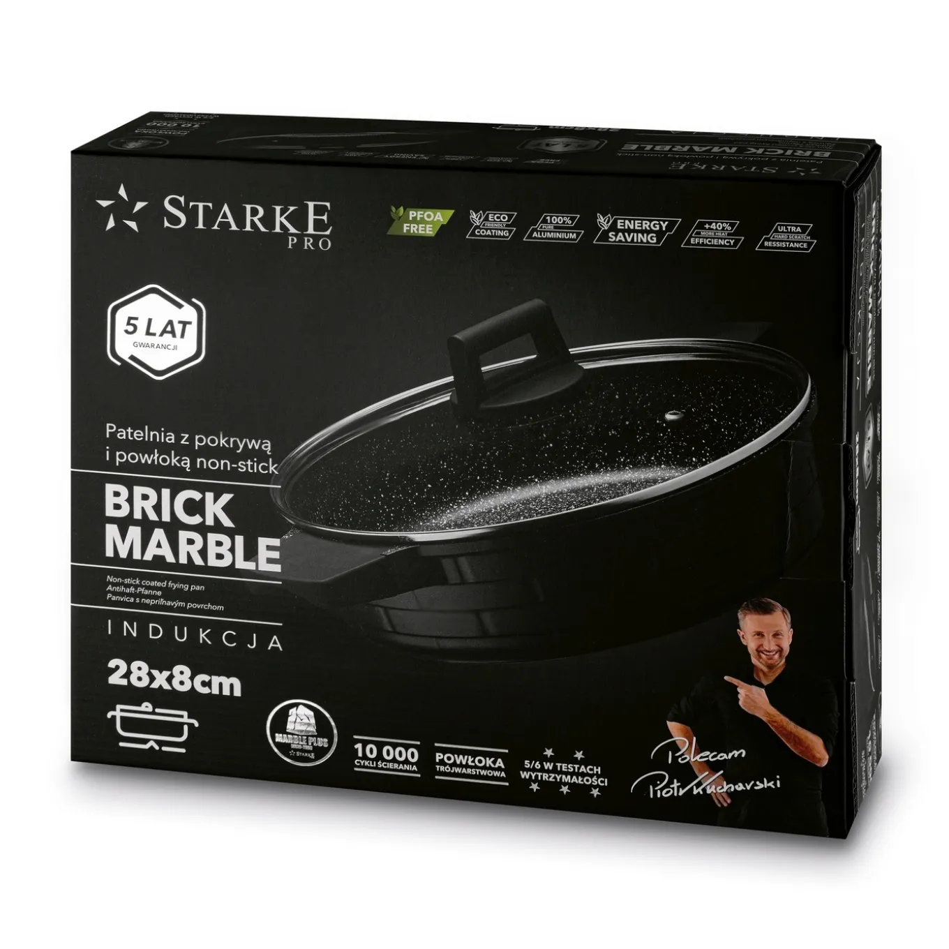 Patelnia na indukcję z pokrywką krótkie uchwyty Starke Pro Brick Marble 28 cm