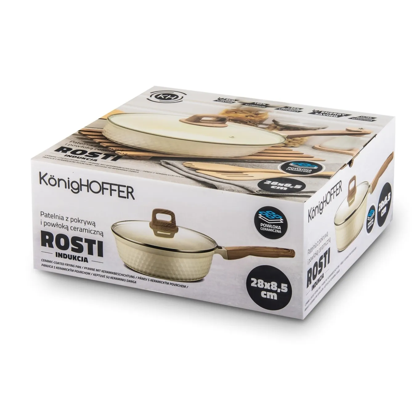 Patelnia z powłoką ceramiczną na indukcję Konighoffer Rosti z pokrywką 28 cm kremowa
