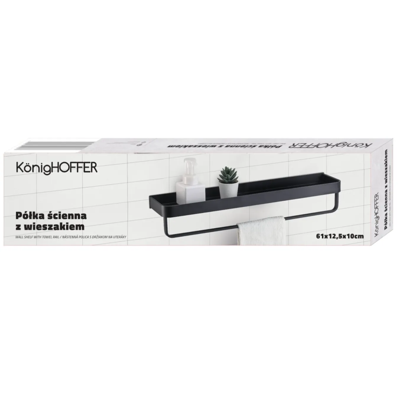 Półka ścienna do łazienki z wieszakiem na ręczniki Konighoffer 61 x 12,5 x 10 cm czarna