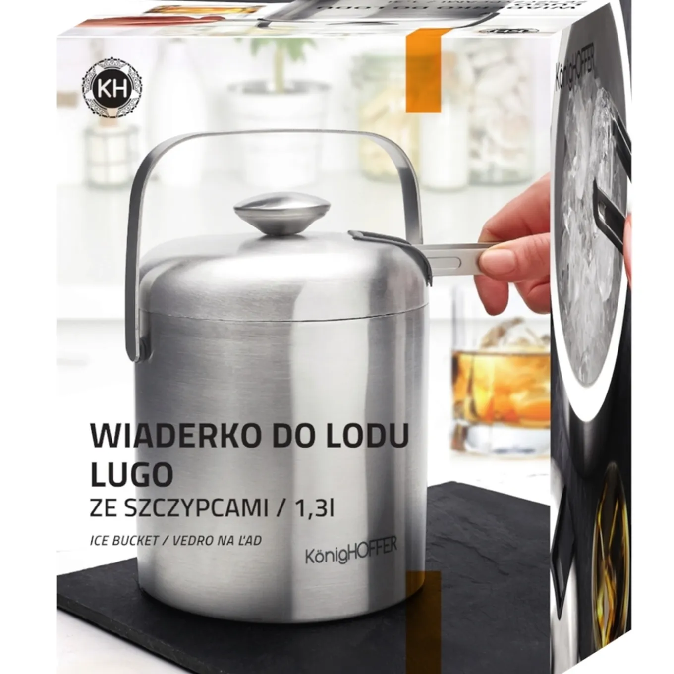 Wiaderko do lodu ze szczypcami KonigHOFFER Lugo 1,3 l srebrne satyna