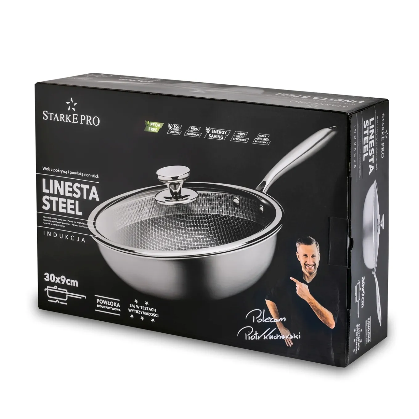 Wok nierdzewny Starke Pro Linesta Steel 30 x 9 cm z pokrywką