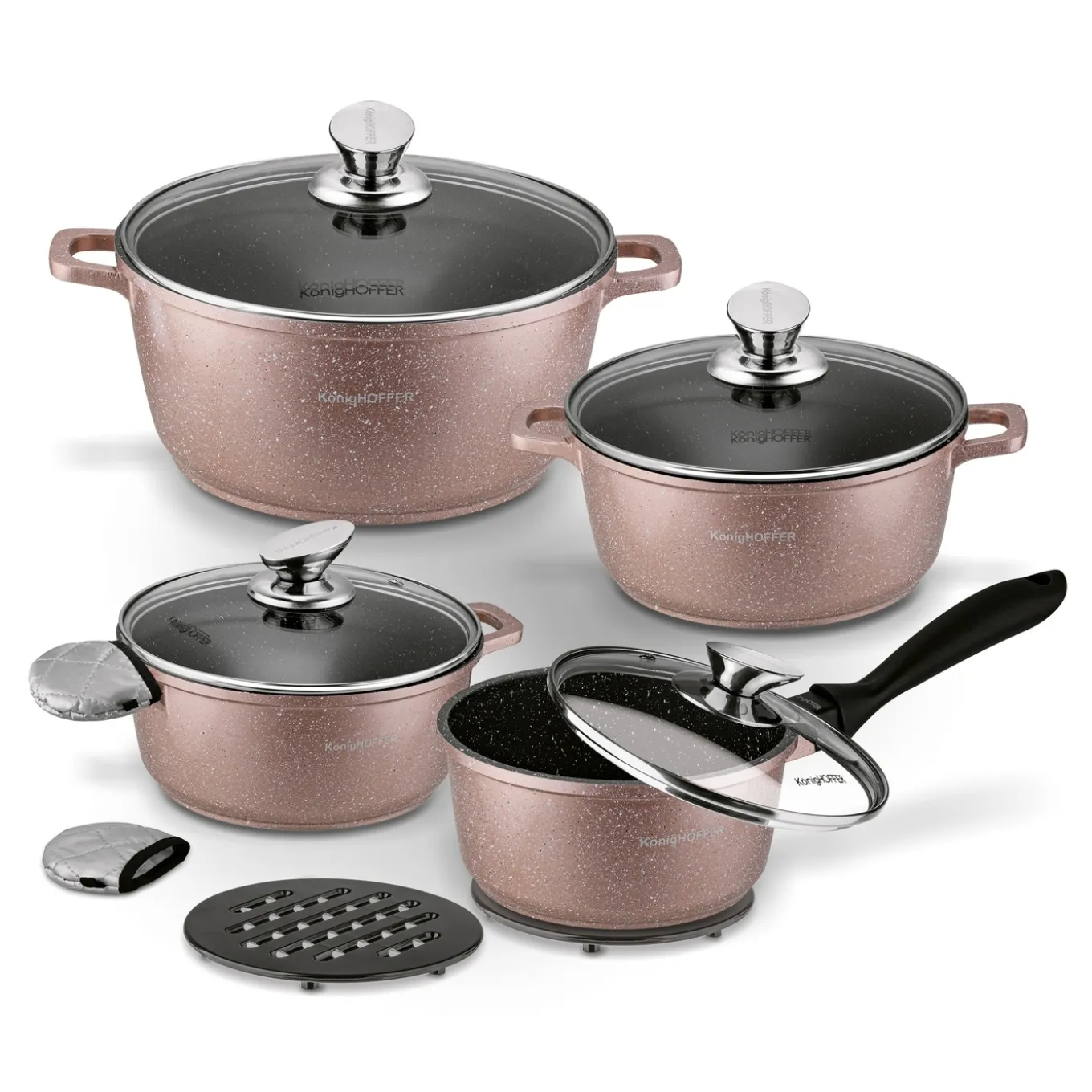 Zestaw garnków Konighoffer Pollo Rose Gold 8 elementów 2 nakładki i 2 podkładki