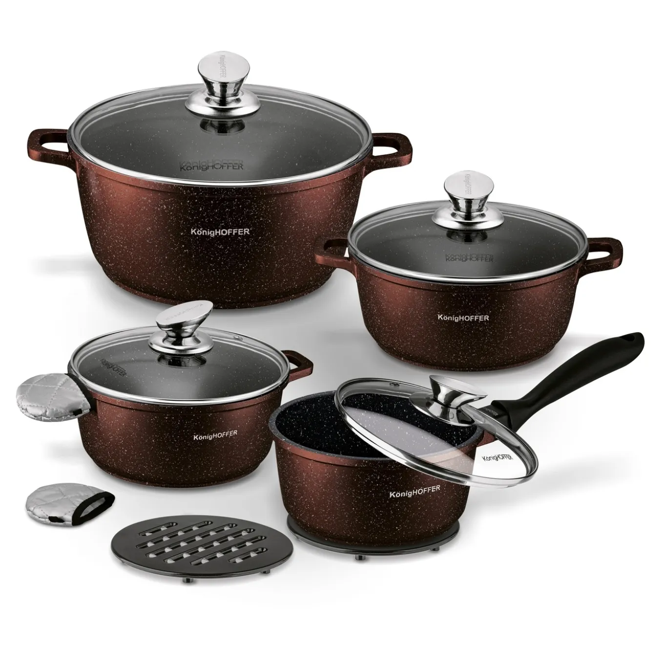 Zestaw garnków Konighoffer Pollo Brown 8 elementów 2 nakładki i 2 podkładki