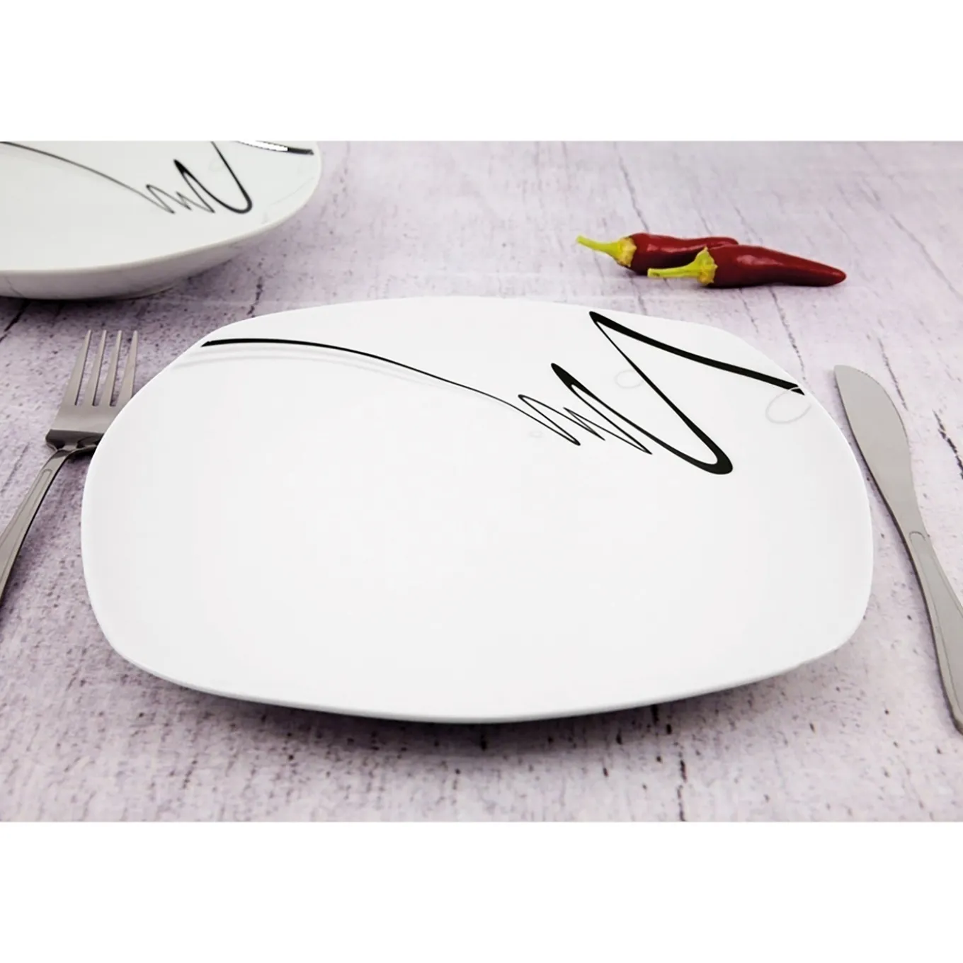 Zestaw kwadratowych talerzy porcelanowych Tadar Wstęga 18 elementów
