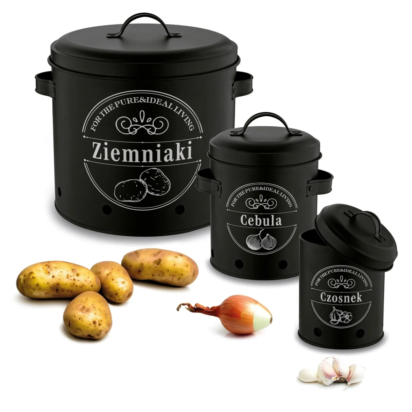 Zestaw 3 metalowych pojemników kuchennych Tadar Ziemniaki Cebula Czosnek