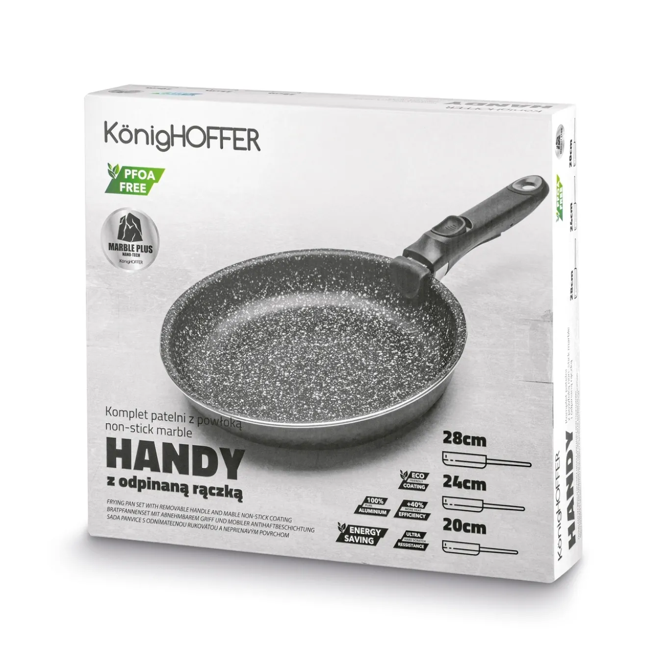 Zestaw 3 patelni z powłoką marmurową i odpinaną rączką Konighoffer Handy 20 cm 24 cm 28 cm