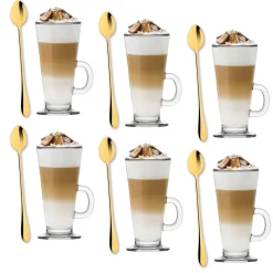 Zestaw 6 szklanek Tadar Caffee Latte 250 ml i 6 złotych łyżeczek koktajlowych