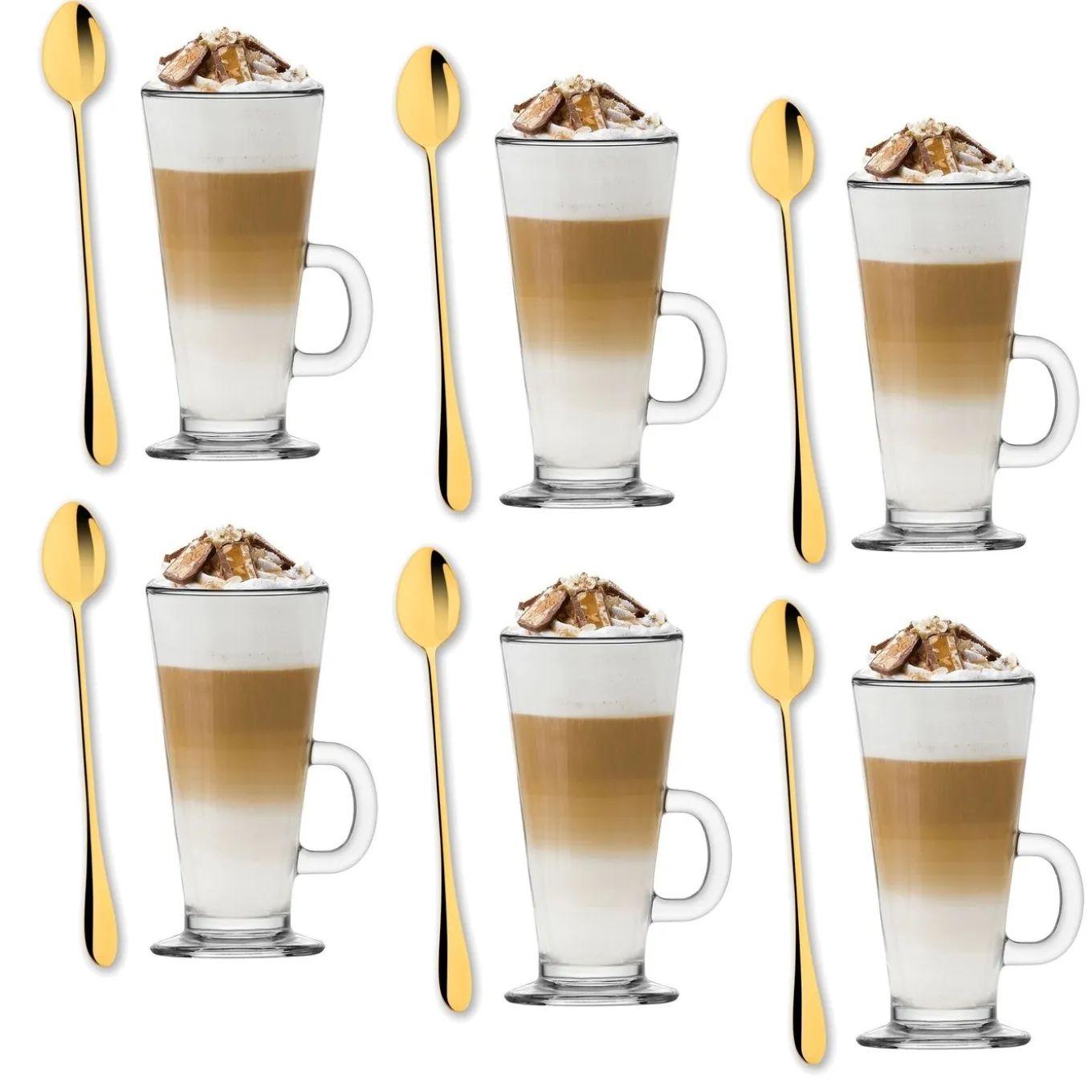 Zestaw 6 szklanek Tadar Caffee Latte 250 ml i 6 złotych łyżeczek koktajlowych