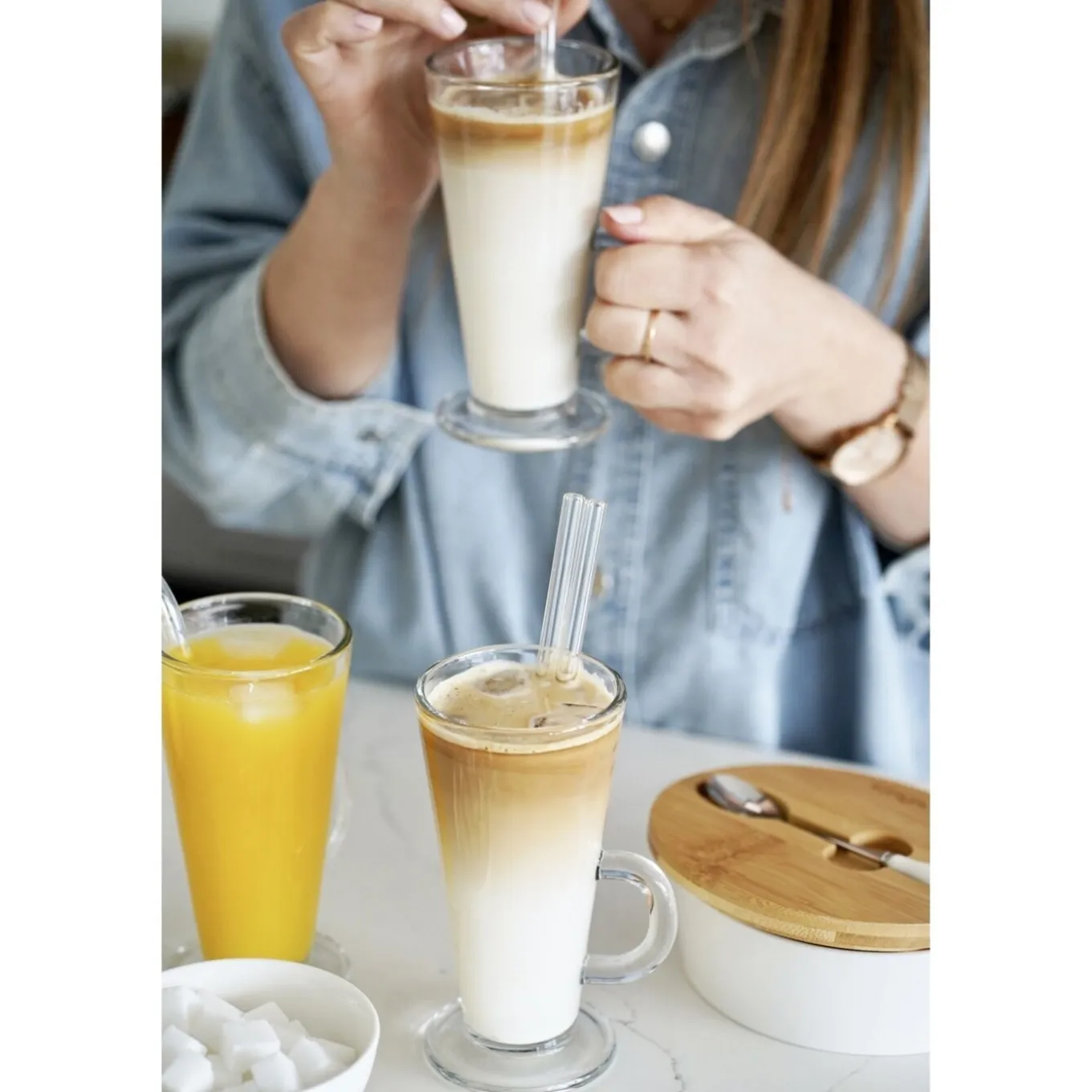 Zestaw 6 szklanek Tadar Caffee Latte 250 ml i 6 złotych łyżeczek koktajlowych
